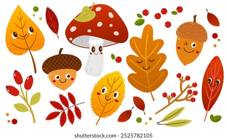 Cute vector set autumn elements. Fall leaves, mushrooms, acorns, berries. Harvest time. Autumn floral stickers. Colored trendy illustration.