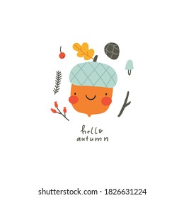 Cute Vector set of autumn - kawaii 
 acorn