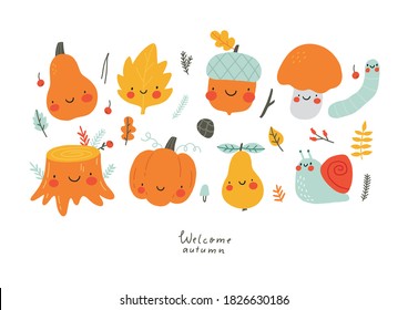 Cute Vector set of autumn - pumpkin, acorn, snail, leaf, mushroom, pear, worm, stump. Set autumn kawaii character