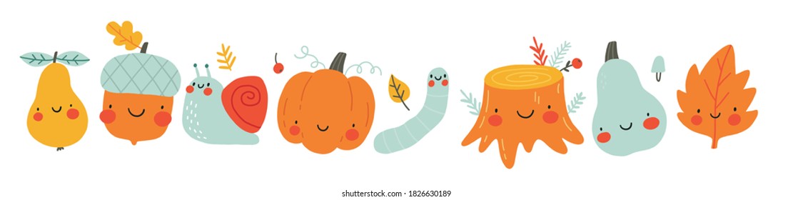 Cute Vector set of autumn - pumpkin, acorn, snail, leaf, mushroom, pear, worm, stump. Set autumn kawaii character