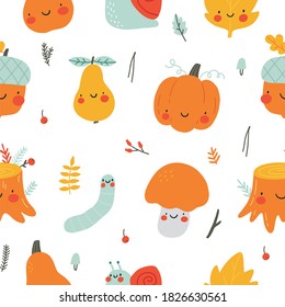Cute Vector set of autumn - pumpkin, acorn, snail, leaf, mushroom, pear, worm, stump. Seammless pattern