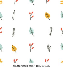Cute Vector set of autumn - pumpkin, acorn, snail, leaf, mushroom, pear, worm, stump. Seammless pattern