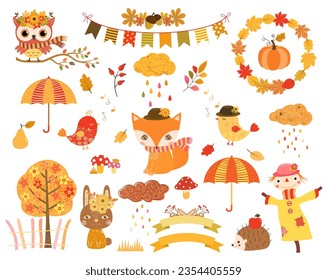 
Cute Vektorset mit Herbstwaldtieren - Fuchs, Eule, Hasen, Hedgehog, Vögel und Schrecken für Herbst- und Thanksgiving-Kinderdesigns und Babydusche-Einladungen