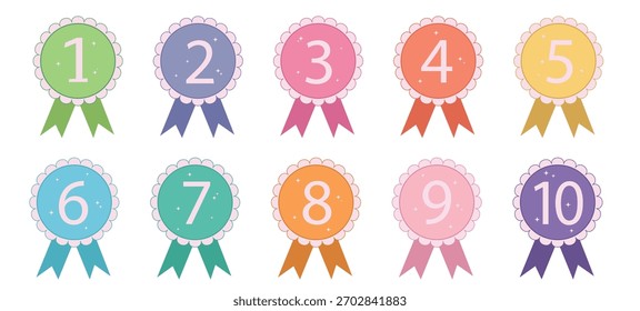Cute vector set award badges Features a pastel color palette and ribbon details. Ideal for educational materials, gaming achievements, rankings, and celebration 