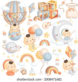 A Cute Vector Set of Baby Boy with Air Balloon and Boho Sky Theme 