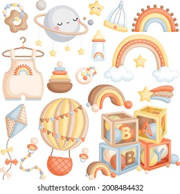 A Cute Vector Set of Baby Boy Classic Boho Items and Toys 
