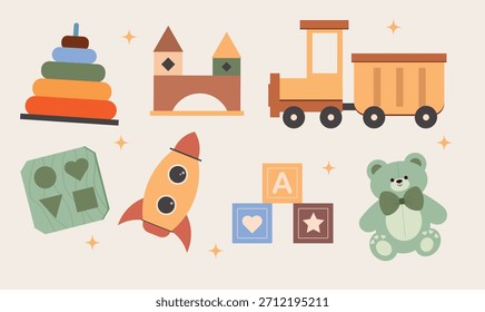 Lindo juego de Vector de juguetes para bebés y niños en una paleta de colores pastel suave.