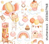A Cute Vector Set of Baby Girl with Air Balloon and Boho Sky Theme 