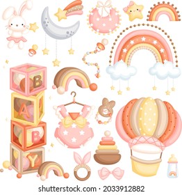 A Cute Vector Set of Baby Girl Classic Boho Items and Toys 