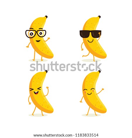 Cute vector set of banana fruit character in different action emotion. Collection of banana characters in different expressions, Funny fruit character isolated on white background