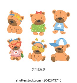 Cute vector set of bears. Kids doodle illustrations. Cute bear portrait, stickers, stylish bear, boy and girl animals isolated on white. Kids print with toys