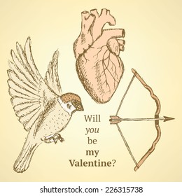 Cute vector set with bird, bow and heart, Valentine background