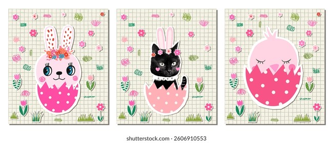Cute vector set with black cat, bunny and chicken in Easter eggs, Funny animal illustration background