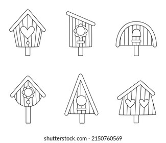 Cuto conjunto vectorial de casas de pájaros en blanco y negro en estilo de dibujos animados sobre fondo blanco.