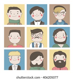 Cute Vektorset von Jungen Avatare. Hipster und stilvolle Männer. 