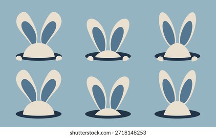 Lindo conjunto de Vector de orejas de conejo que se asoman desde los agujeros, diseño pastel plano, ilustración de conejo de Pascua juguetón sobre fondo azul.