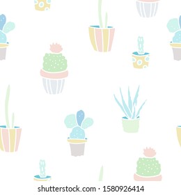 Cute vector set with cacti in pastel colors. Seamless pattern with home flowers for packaging, printed, textiles.