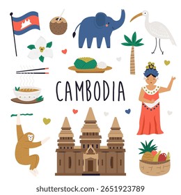 Cute Vector Set with Cambodia Landmarks, Food, People and Symbols in Cartoon Style.