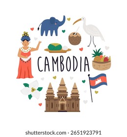 Cute Vector Set with Cambodia Landmarks, Food, People and Symbols in Cartoon Style.