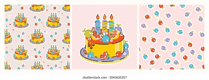 Cute vector set with a card with a cake with candles and festive seamless patterns. Bright illustration, print, wrapping paper, birthday invitation.