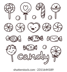 cute vector set of cartoon candy, line art sweet