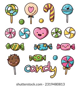 cute vector set of cartoon candy, bright sweets