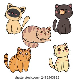 Cute vector set of cartoon cats displaying different expressions and poses. Ideal for creative projects.