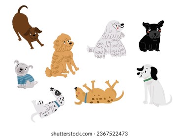 Cute vector set of cartoon dog characters on white. Cute dogs breeds set