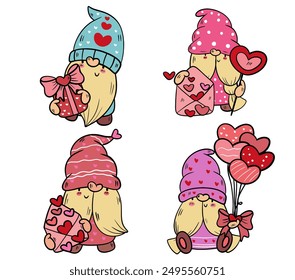 Cute vector set of cartoon gnomes in different poses for Valentine's Day. Perfect for creative projects.