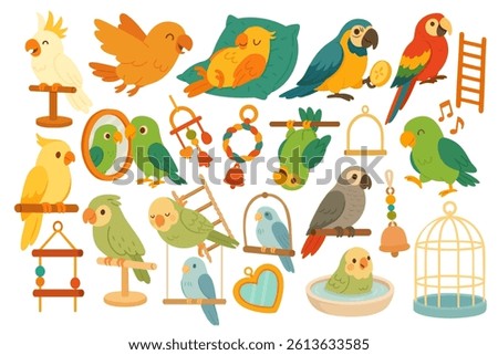 Cute vector set of cartoon parrots and cage accessories. Colorful exotic pet bird illustrations.