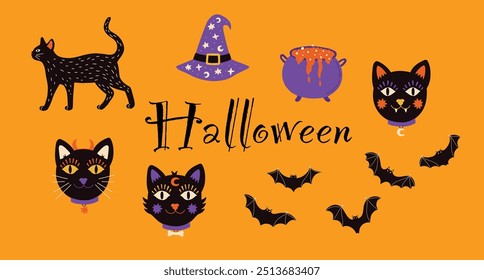 Cute vector set of cartoon sketch illustrations for halloween design bats cats poison hat magic candy autumn poster