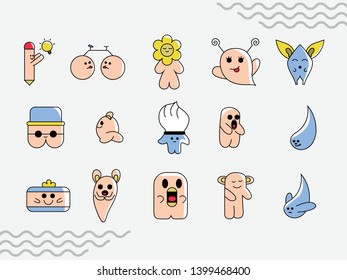 Cute vector set in cartoon style. Funny happy smiley faces. . Beautiful cartoon elements.doodle shape,cute doodle