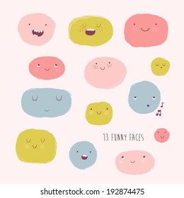 Cute  vector set in cartoon style. Funny happy smiley faces. Happy doodles for your design. Beautiful cartoon elements.