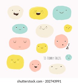 Cute vector set in cartoon style. Funny happy smiley faces. Happy doodles for your design. Beautiful cartoon elements.