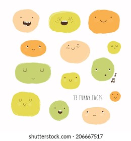 Cute vector set in cartoon style. Funny happy smiley faces. Happy doodles for your design. Beautiful cartoon elements.