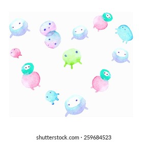 Cute vector set in cartoon style. Funny faces. Happy doodles for your design. Beautiful cartoon elements. Cute monsters.Bright childish holiday card. Funny vector illustration.Birthday greeting card.