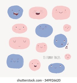 Cute vector set in cartoon style. Funny happy smiley faces. Happy doodles for your design. Beautiful cartoon elements in Rose Quartz and Serenity pantone colors