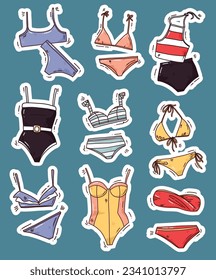 lindo conjunto vectorial de traje de baño de dibujos animados, ilustración dibujada a mano. dibujo colorido