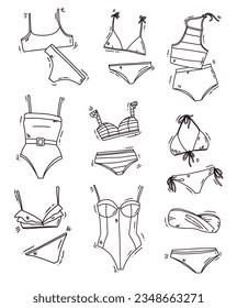 lindo conjunto vectorial de traje de baño de dibujos animados, ilustración dibujada a mano. arte de línea 