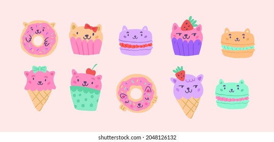 Cute vector set of cat characters in form of food - ice creams, muffins, cupcakes, strawberry  isolated on pink. Kids t-shirt illustration, clipart with sweets and cute animals desserts