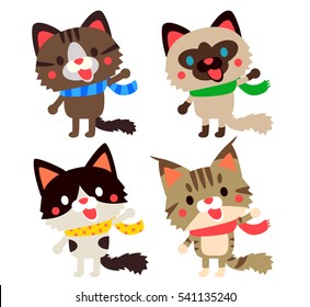 Cute Vector Set Cat with Scarf isolated on White Background