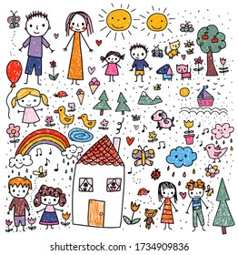 Cute vector set with childish doodle drawings, design element - kids, animals and objects