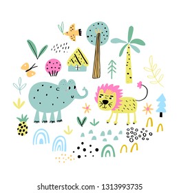 Cute vector set of children's drawings - exotic animals and plants. Doodle style. Ideal for childs decoration. African set. Elephant and lion.