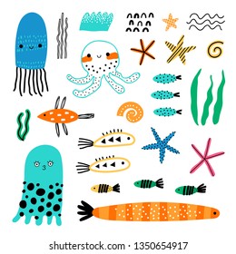 Cute vector set of children's drawings - fish and other marine life. Doodle style. Ideal for childs decoration. Marine set.