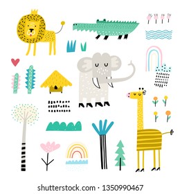 Conjunto vectorial de dibujos para niños - animales exóticos y plantas. Estilo Doodle. Ideal para la decoración infantil. Conjunto africano. Elefante, jirafa, cocodrilo y león.