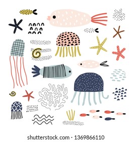 Cute vector set of children's drawings - fish and other marine life. Doodle style. Ideal for childs decoration. Marine set.