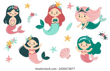 Conjunto de vector circular en estilo infantil. Sirenas cutáneas en diferentes poses, estrellas y flores 