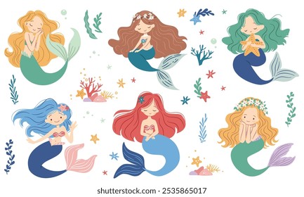 Vetor bonito definido no estilo infantil. Sereias bonitas em diferentes poses, estrelas-do-mar e flores 