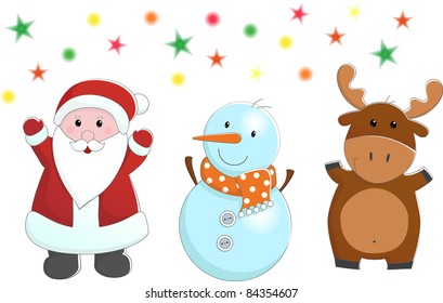 cute vector set of christmas characters like deer, snowman and santa