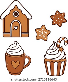 Cute vector set of Christmas desserts: gingerbread house, cookies, hot chocolate mug, and cupcake. Cozy winter holiday sweets collection.